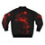 A red bomber jacket with a dark animal silhouette design against a nature backdrop [focus keyword] - Back