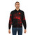 A red bomber jacket with a dark animal silhouette design against a nature backdrop [focus keyword] - Lifestyle