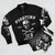 Vintage-inspired bomber jacket with Fighting 103 Jolly Rogers military aviation logo - Flat lay