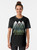 A graphic t-shirt featuring sacred geometry triangles in a misty forest landscape design. - Women