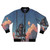 A rusty-colored bomber jacket with a printed weather forecast and meteorology-inspired design
