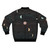 A bomber jacket featuring a serene nighttime landscape with a crescent moon, mountains, and stars. - Back