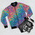 Geometric Chaos Bomber Jacket with vibrant, abstract pattern - Flat lay