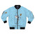 A blue bomber jacket featuring a design of a pizza wizard with a star, pepperoni, and cheese.