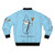 A blue bomber jacket featuring a design of a pizza wizard with a star, pepperoni, and cheese. - Back
