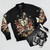 A bomber jacket with a cute cat wearing a knight's helmet and wielding a sword, featuring the text "I'm Fine". - Flat lay