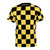 A black and yellow checkered t-shirt with a geometric pattern