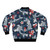 A blue bomber jacket with a watercolor-style design of koi fish and sakura blossoms. - Back