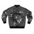 A surreal bomber jacket featuring an abstract collage design with a house, moon, stars, and geometric shapes. - Back