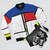 Mondrian-inspired minimalist bomber jacket with abstract color blocks - Flat lay