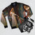 The Accolade Medieval Knight Bomber Jacket featuring a kneeling knight in armor and sword, inspired by the artwork of Edmund Blair Leighton. - Flat lay