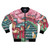 A stylish bomber jacket featuring a design with a Japanese shrine, pink sakura blossoms, and cats.