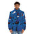 Blue puffer jacket with red and blue geometric shapes inspired by the artwork of Joan Miro - men front