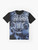 Graphic t-shirt featuring a majestic snow leopard, an endangered big cat species found in the mountains of Central and South Asia. - Flat lay