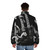 Vintage-inspired puffer jacket with image of Jimmy Guitaris playing guitar - men back
