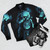 A bomber jacket featuring a cosmic, galactic design with an astronaut, stars, and planets. - Flat lay