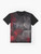 A graphic t-shirt featuring an abstract background of geometric polygon shapes in black, red, and blue colors. - Flat lay