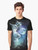 A graphic t-shirt featuring a cat vibing to music in a cosmic, galaxy-themed design with three cats and a moon. - Men