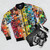 Music Tapestry Bomber Jacket - Colorful and Trendy Fashion Piece with Album Collage and Aesthetic Vibes - Flat lay