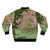 A nature landscape-inspired bomber jacket featuring mountain, lake, and river scenery in shades of pink and blue. - Back