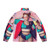 Jessi wearing a vibrant puffer jacket in red, yellow, and blue colors - Back