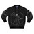 Vetruvian man-inspired bomber jacket with guitar and skull graphics