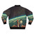 Vintage space-themed bomber jacket with a collage of stars, planets, and a romantic couple holding hands in a surreal, nostalgic design. - Back