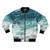 Blue and white abstract ocean waves pattern printed on a bomber jacket