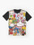 Colorful graphic t-shirt featuring a lucky Maneki Neko (Japanese Beckoning Cat) design - Flat lay