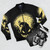 Jack Skellington and Oogie Boogie from The Nightmare Before Christmas featured on a black bomber jacket. - Flat lay
