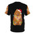 A colorful, artistic illustration of a Pomeranian dog surrounded by festive Christmas lights on a t-shirt. - Back