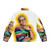 Vibrant and colorful puffer jacket featuring a meme-inspired design of actor Jeff Goldblum - Back