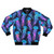 Luminescent jellyfish in an ombre rainbow pattern on a navy blue bomber jacket
