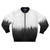 A bomber jacket featuring a nature-inspired landscape design with trees, fog, and mountains