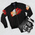 Red bomber jacket with burning flag design - Flat lay