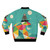 Colorful geometric pattern bomber jacket with a surfing sloth graphic - Back