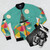 Colorful geometric pattern bomber jacket with a surfing sloth graphic - Flat lay