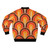 Retro geometric bomber jacket with a gradated fan pattern in colorful tones of beige, brown, orange, and yellow. - Back