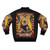 Bomber jacket with a graphic design of an eyeball kid in a circus sideshow setting. - Back