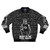 A stylish bomber jacket with a fun, "Bustin'" graphic design inspired by 80s pop songs.