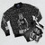 A stylish bomber jacket with a fun, "Bustin'" graphic design inspired by 80s pop songs. - Flat lay
