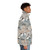 Stylish gray puffer jacket with Japanese garden floral design and red cranes - men side right