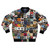 Tapestry bomber jacket featuring collages of iconic rock album covers