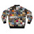 Tapestry bomber jacket featuring collages of iconic rock album covers - Back