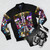 Undertale inspired bomber jacket with game characters like Frisk, Flowey, Sans, and Papyrus - Flat lay