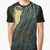 A metallic jellyfish graphic design on a blue t-shirt, featuring shimmering copper, gold, and bronze tones.