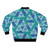 A blue and green bomber jacket featuring geometric Einstein shapes and aperiodic monotile patterns. - Back