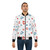 A blue and red triangle pattern bomber jacket with a nostalgic 90s style. - Lifestyle