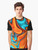 Southwest-inspired graphic t-shirt with vibrant turquoise and orange swirls against a modern, minimalist background. - Men