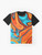Southwest-inspired graphic t-shirt with vibrant turquoise and orange swirls against a modern, minimalist background. - Flat lay